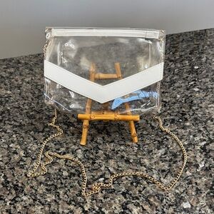 Transparent clear vinyl gold Chain Crossbody Bag with White Accents